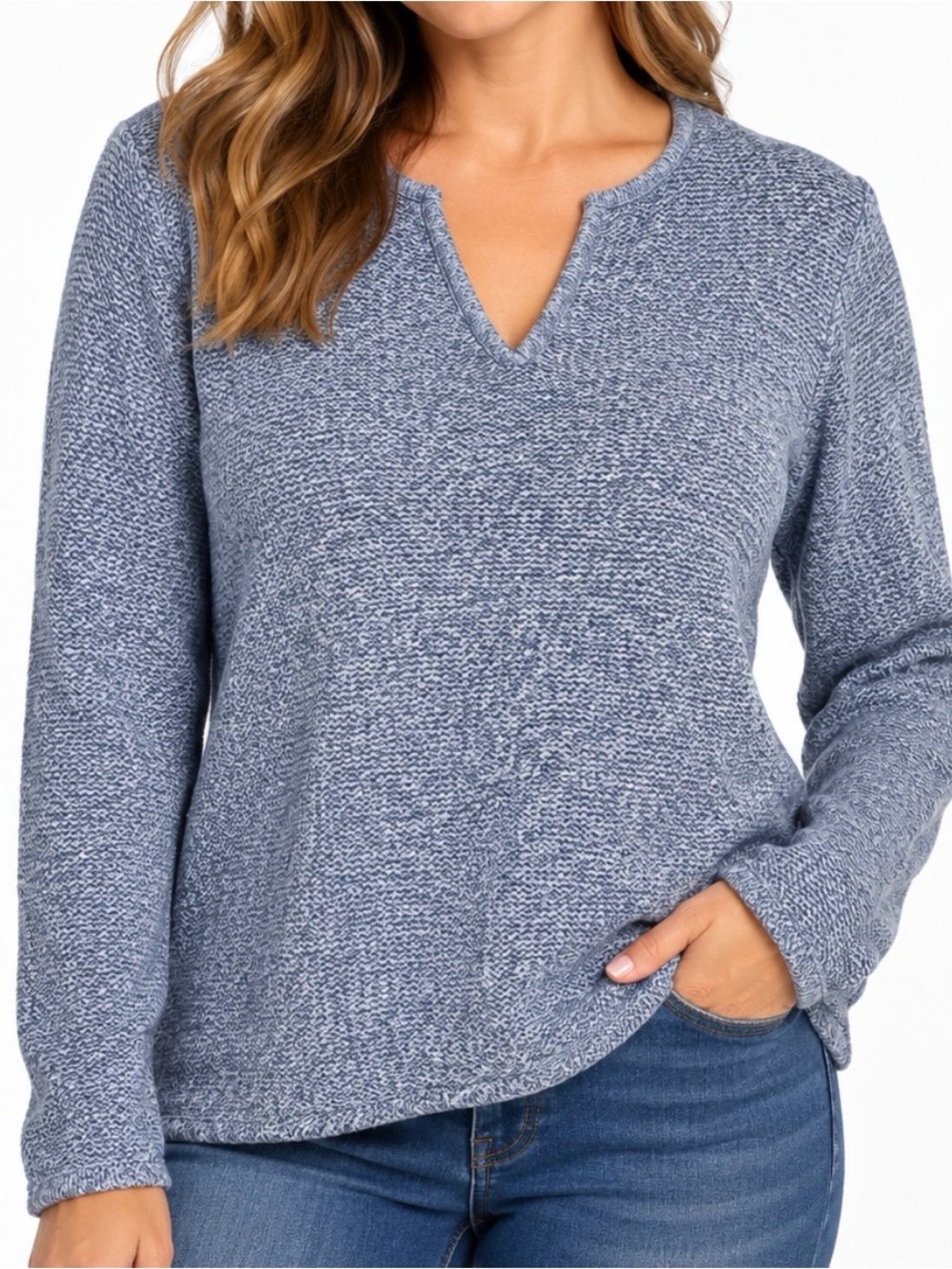 Vintage LL Bean Blue Gray Marled Chunky Cotton Notch Neck Pullover Sweater SMALL